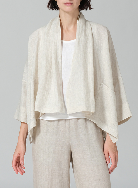 Linen Shawl Collar Open Front Cropped Jacket
