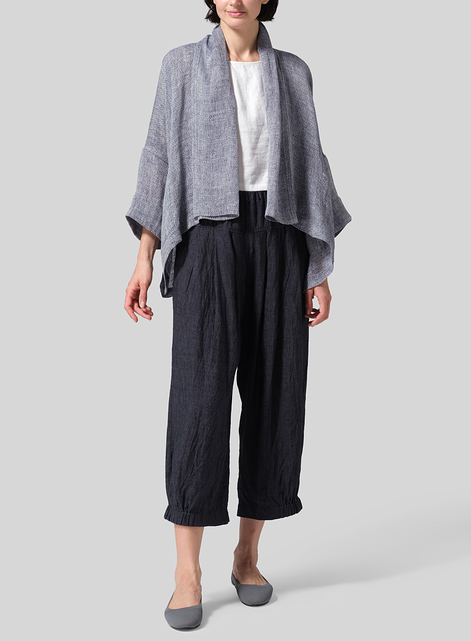 Gauze Linen Shawl Collar Open Front Cropped Jacket