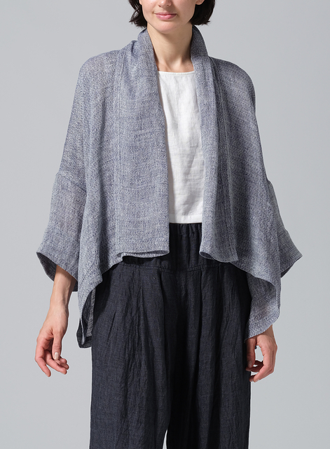 Gauze Linen Shawl Collar Open Front Cropped Jacket