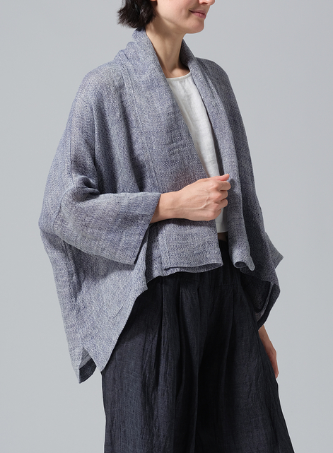 Gauze Linen Shawl Collar Open Front Cropped Jacket