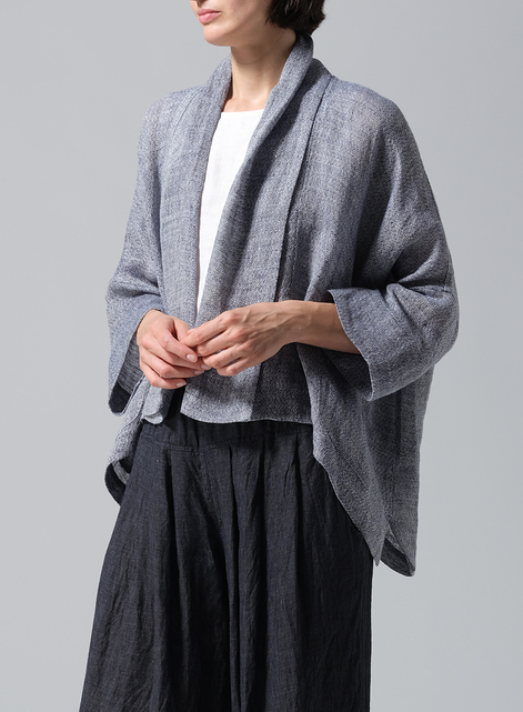 Gauze Linen Shawl Collar Open Front Cropped Jacket
