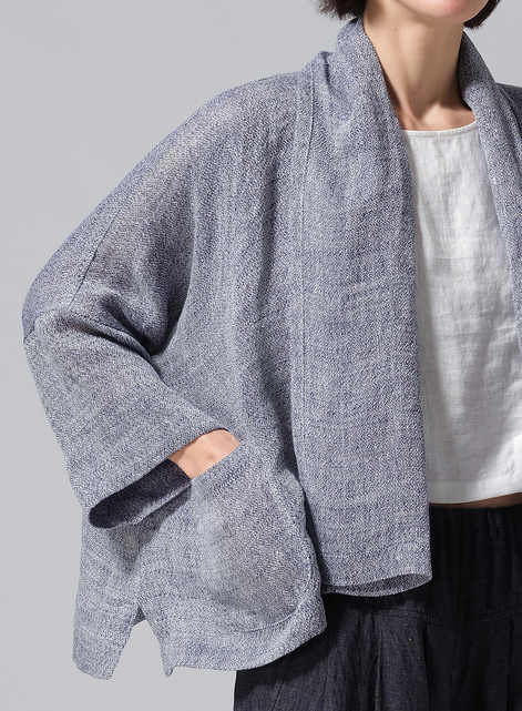 Gauze Linen Shawl Collar Open Front Cropped Jacket