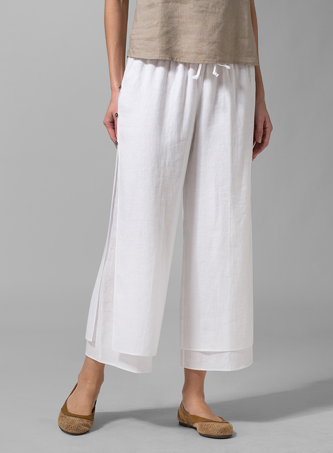 Linen Double-Layer Cropped Pants With Sea Shell Button