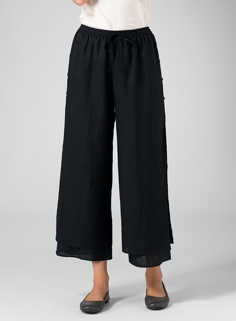 Linen Double-Layer Cropped Pants With Sea Shell Button