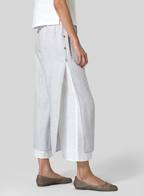 Linen Double-Layer Cropped Pants With Sea Shell Button