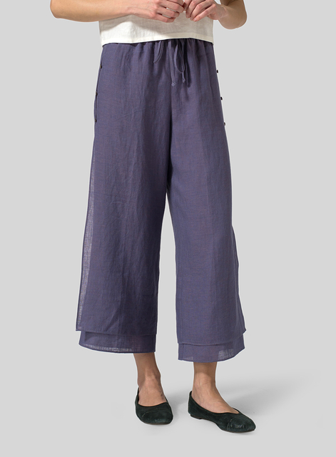 Linen Double-Layer Cropped Pants With Sea Shell Button