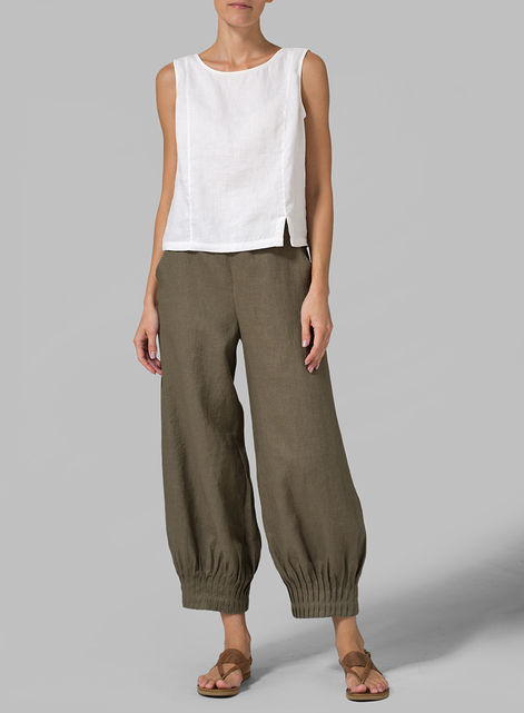 Linen Pleated Cuff Ankle Length Pants