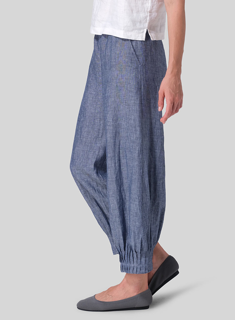 Linen Pleated Cuff Ankle Length Pants