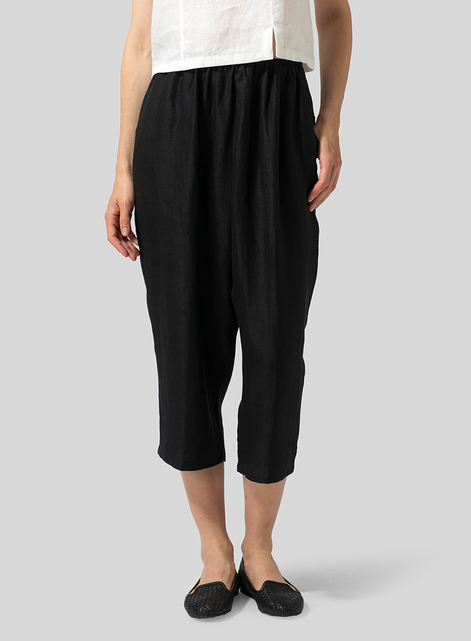 Twill Linen Cropped Baggy Pants