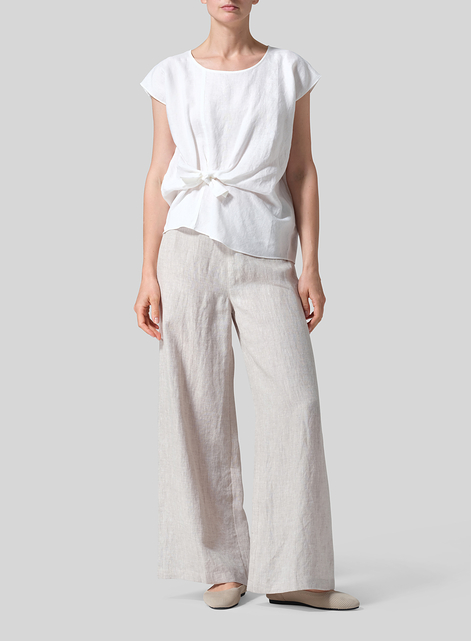 Linen Waist Self-tied Ribbon Top