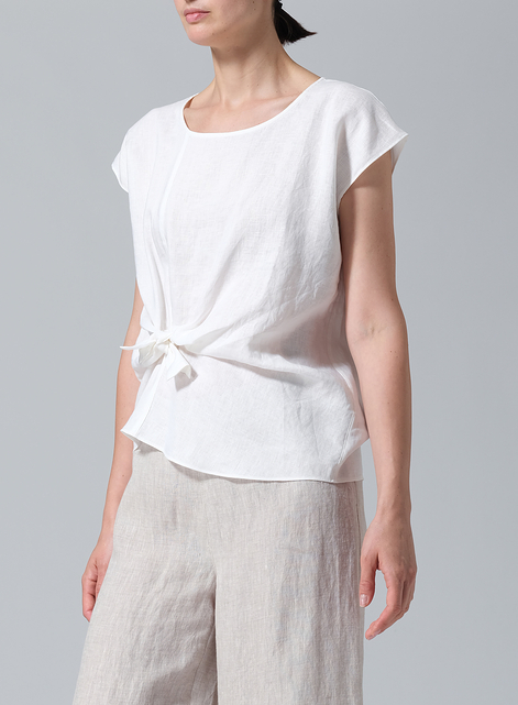 Linen Waist Self-tied Ribbon Top