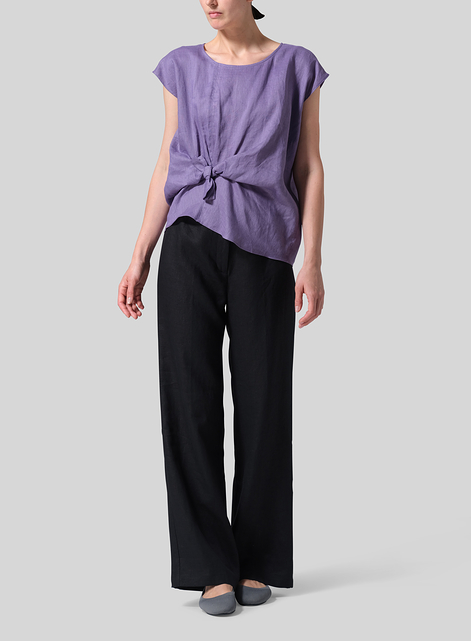 Linen Waist Self-tied Ribbon Top