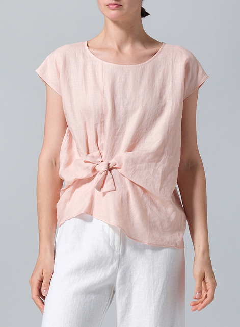 Linen Waist Self-tied Ribbon Top
