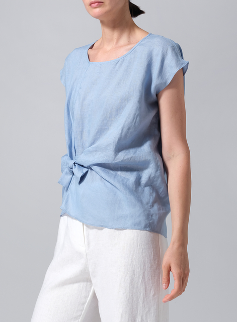 Linen Waist Self-tied Ribbon Top