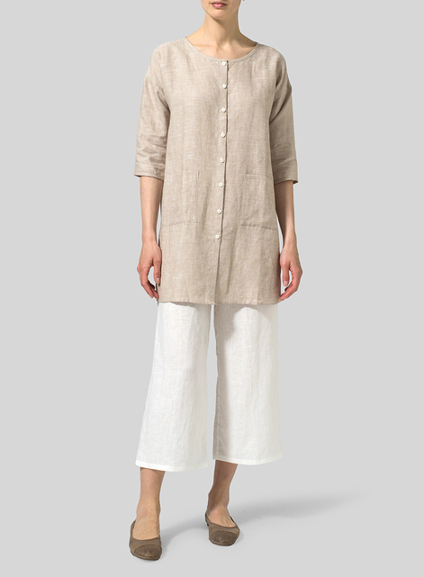 Linen Round Neck Button Front Top