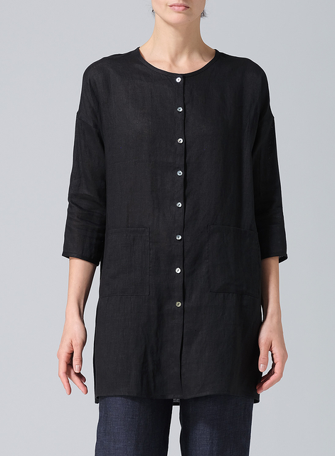 Linen Round Neck Button Front Top