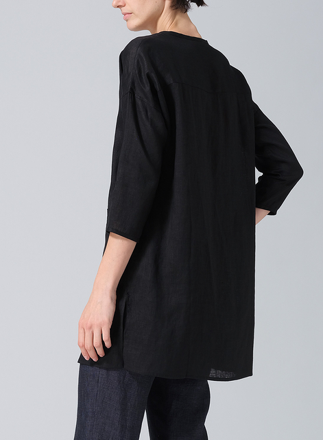 Linen Round Neck Button Front Top