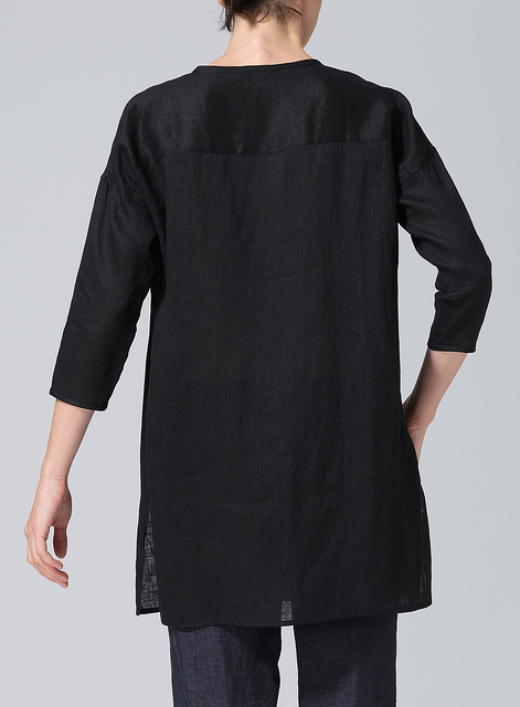Linen Round Neck Button Front Top
