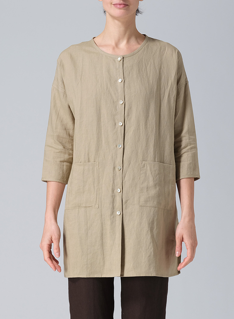 Linen Round Neck Button Front Top