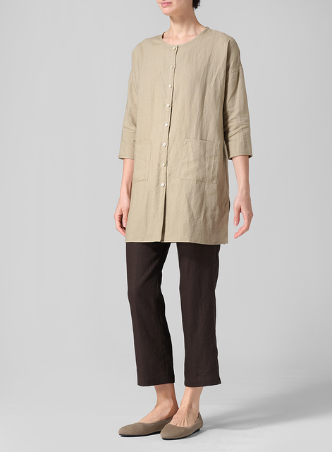 Linen Round Neck Button Front Top