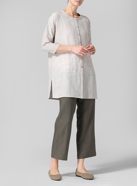 Linen Round Neck Button Front Top