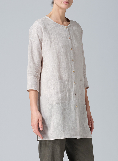 Linen Round Neck Button Front Top