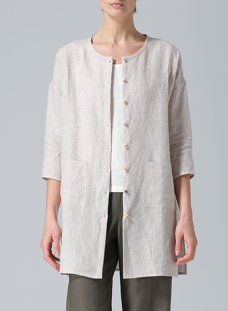 Linen Round Neck Button Front Top