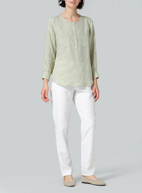 Linen Round Neck Long Sleeve Shirt