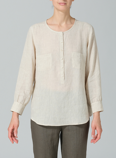 Linen Round Neck Long Sleeve Shirt