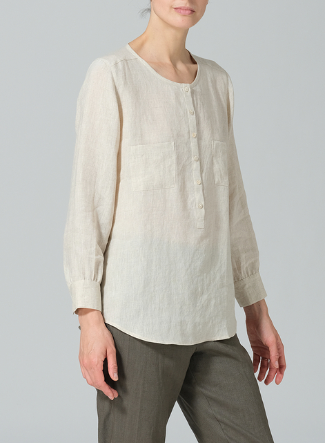 Linen Round Neck Long Sleeve Shirt