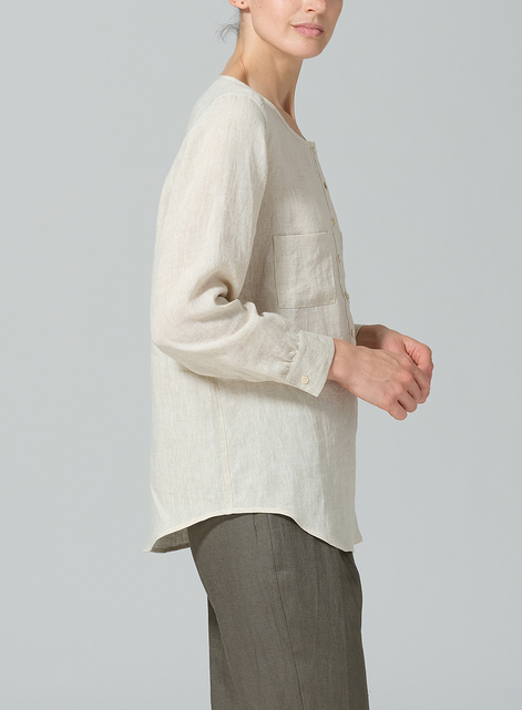 Linen Round Neck Long Sleeve Shirt
