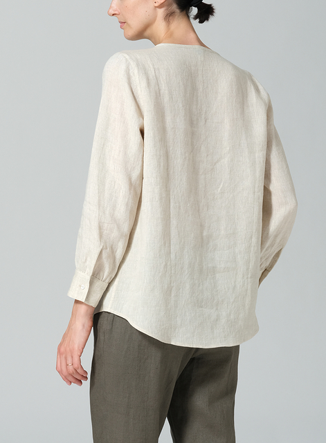 Linen Round Neck Long Sleeve Shirt