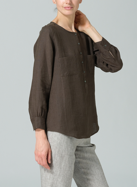 Linen Round Neck Long Sleeve Shirt