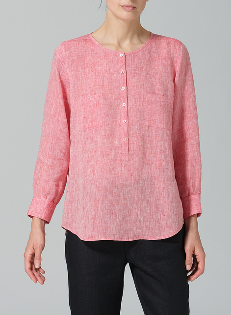 Linen Round Neck Long Sleeve Shirt