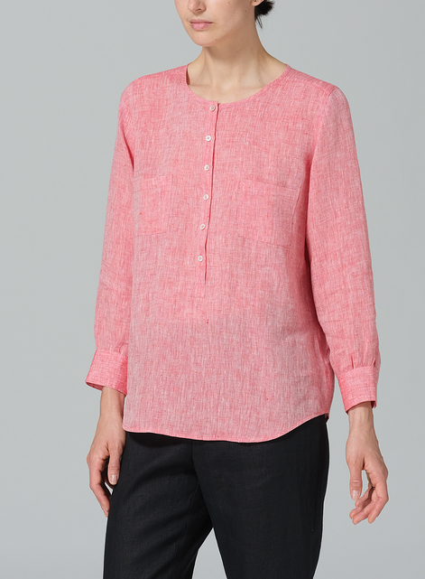 Linen Round Neck Long Sleeve Shirt