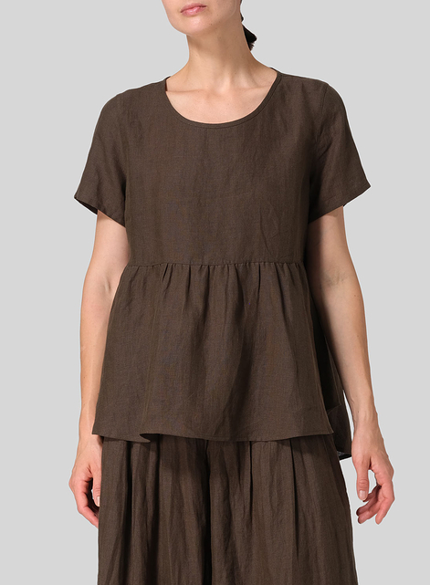 Linen Short Sleeve Pleated Blouse