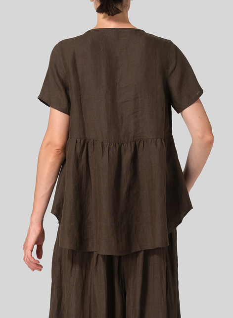 Linen Short Sleeve Pleated Blouse