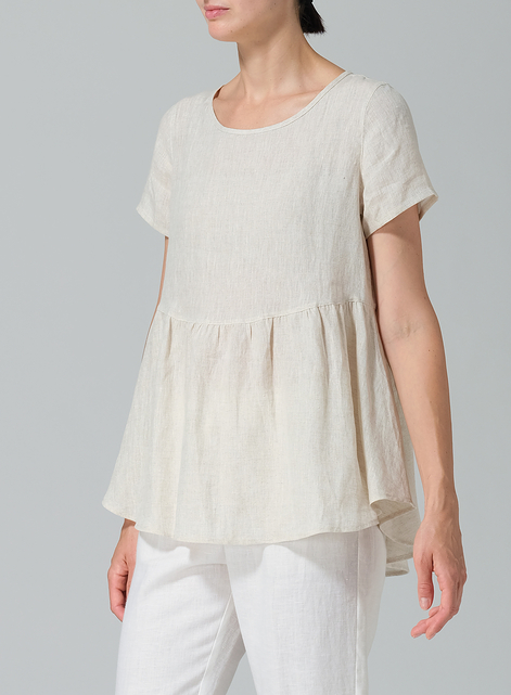 Linen Short Sleeve Pleated Blouse
