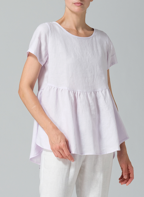 Linen Short Sleeve Pleated Blouse