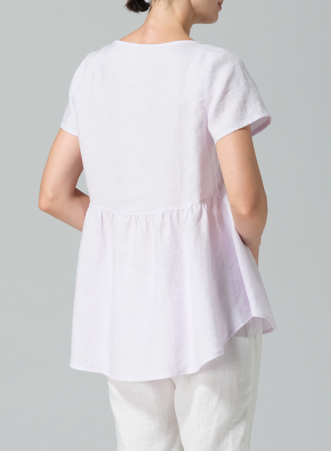 Linen Short Sleeve Pleated Blouse