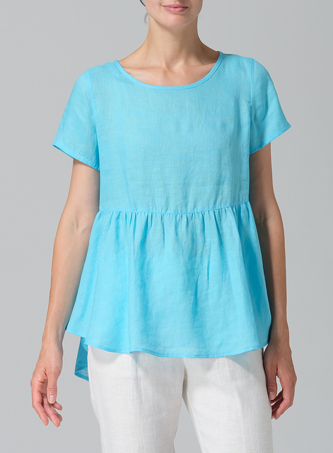 Linen Short Sleeve Pleated Blouse