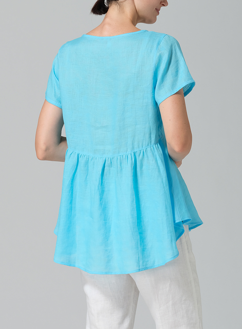 Linen Short Sleeve Pleated Blouse