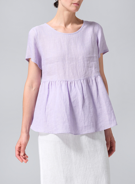 Linen Short Sleeve Pleated Blouse