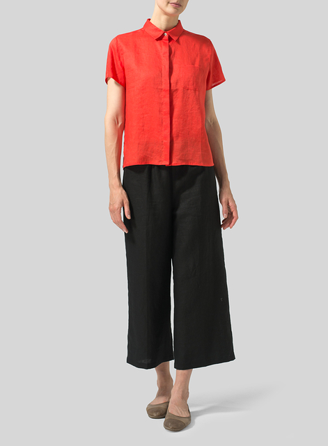Linen Short Sleeve Mini-point Collar Shirt