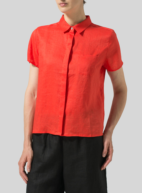 Linen Short Sleeve Mini-point Collar Shirt