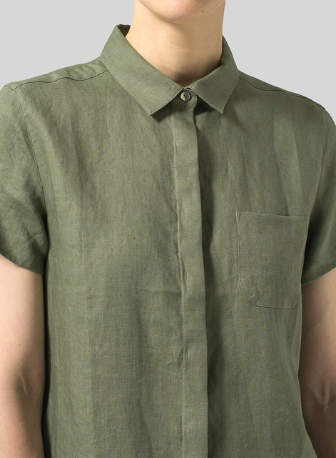 Linen Short Sleeve Mini-point Collar Shirt