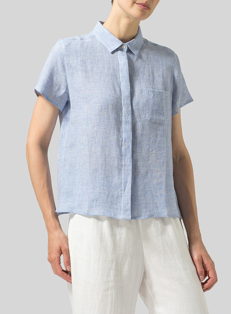Linen Short Sleeve Mini-point Collar Shirt