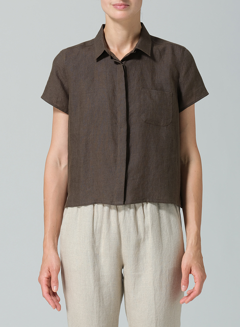 Linen Short Sleeve Mini-point Collar Shirt