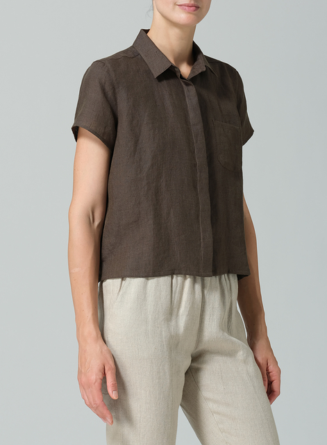 Linen Short Sleeve Mini-point Collar Shirt