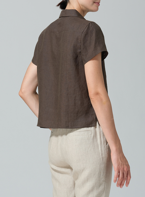 Linen Short Sleeve Mini-point Collar Shirt